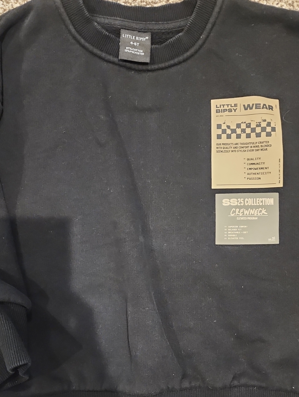 Little Bipsy Black Crewneck Sweatshirt with Tan Graphic Patches